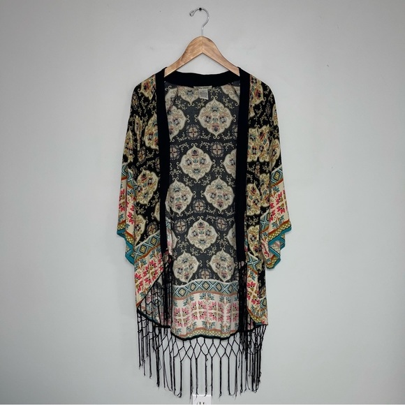 Flying Tomato Open Front Kimono Cardigan Fringe Boho Black  Women's Size Large - Picture 2 of 8